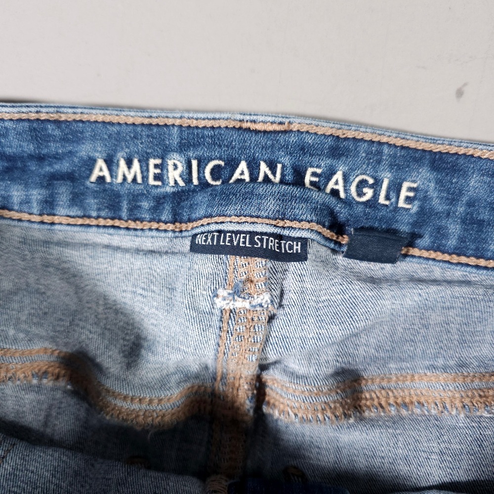 American Eagle Super High Rise Flare Jeans Womens 10 Blue Stretch Patch Pocket - Picture 2 of 9